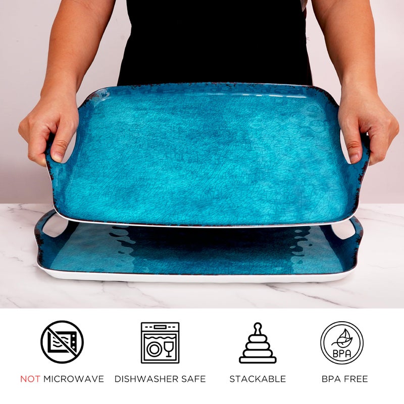 TP Serving Trays with Handles, 17 x 12 Inch Melamine Serving Platters for Food, Meat, Set of 2 Rectangular Trays for Eating, Retro Teal - Image 2