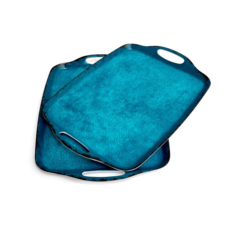 TP Serving Trays with Handles, 17 x 12 Inch Melamine Serving Platters for Food, Meat, Set of 2 Rectangular Trays for Eating, Retro Teal - Image 1