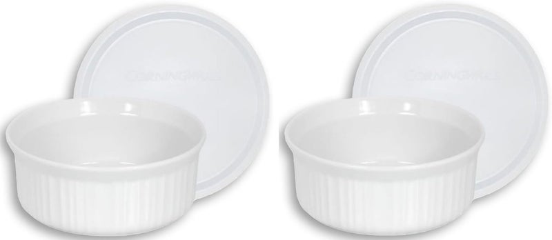 Corningware (2) FS16 16oz Round French White Casserole Dishes & (2) F-16 16oz French White Plastic Lids - Image 1
