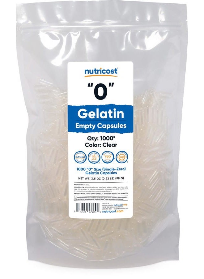 Nutricost Empty Capsules Gelatin Size (0) - 1,000 Clear Empty Gel Capsules - Kosher, Non-GMO, Soy Free, Gluten Free, GMP Compliant - Image 1