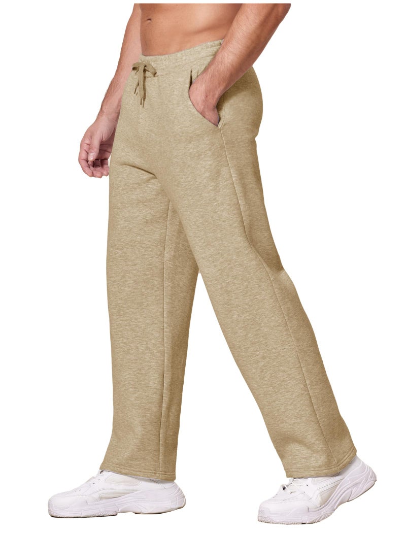 Deyeek Men's Fleece Sweatpants Open Bottom Gym Sweats Baggy Cotton Sweat Pants for Men Straight Leg Sweatpants with Pockets Khaki - Image 1