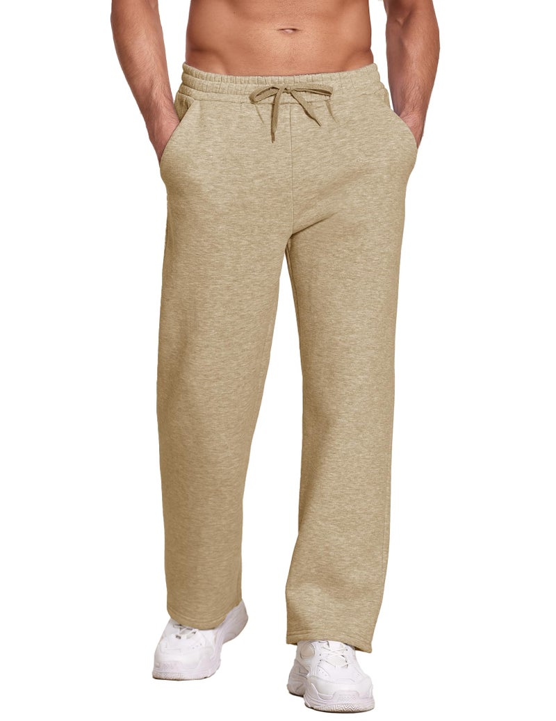 Deyeek Men's Fleece Sweatpants Open Bottom Gym Sweats Baggy Cotton Sweat Pants for Men Straight Leg Sweatpants with Pockets Khaki - Image 3