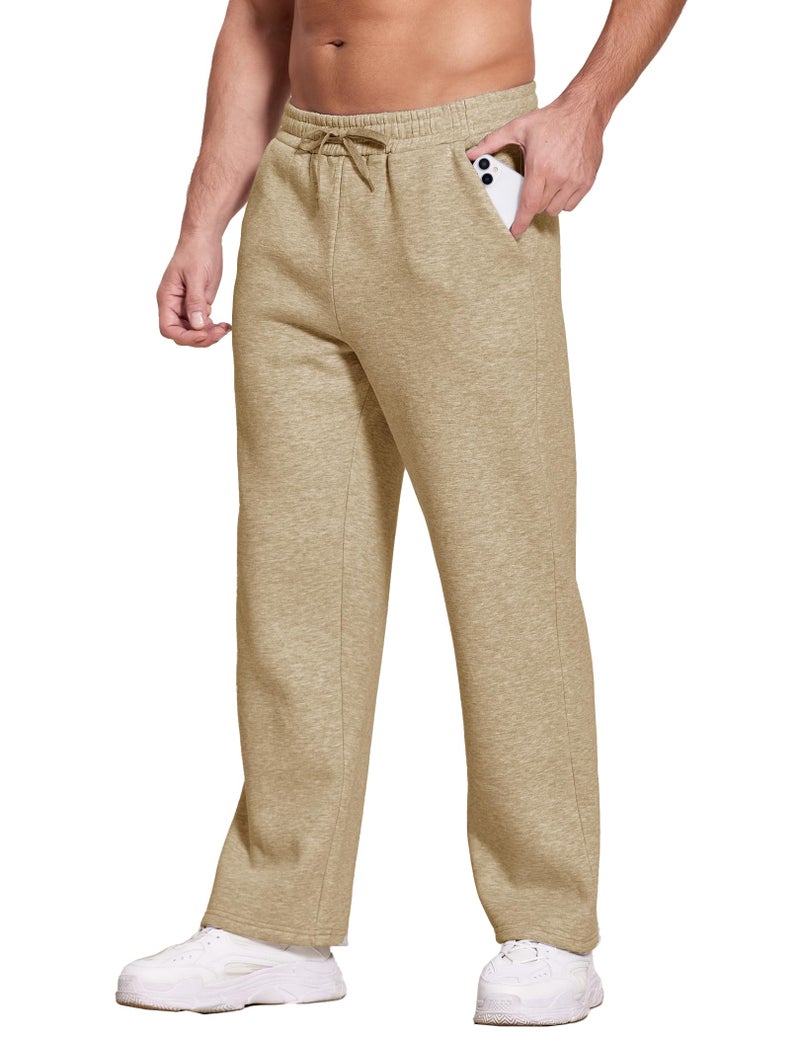 Deyeek Men's Fleece Sweatpants Open Bottom Gym Sweats Baggy Cotton Sweat Pants for Men Straight Leg Sweatpants with Pockets Khaki - Image 4