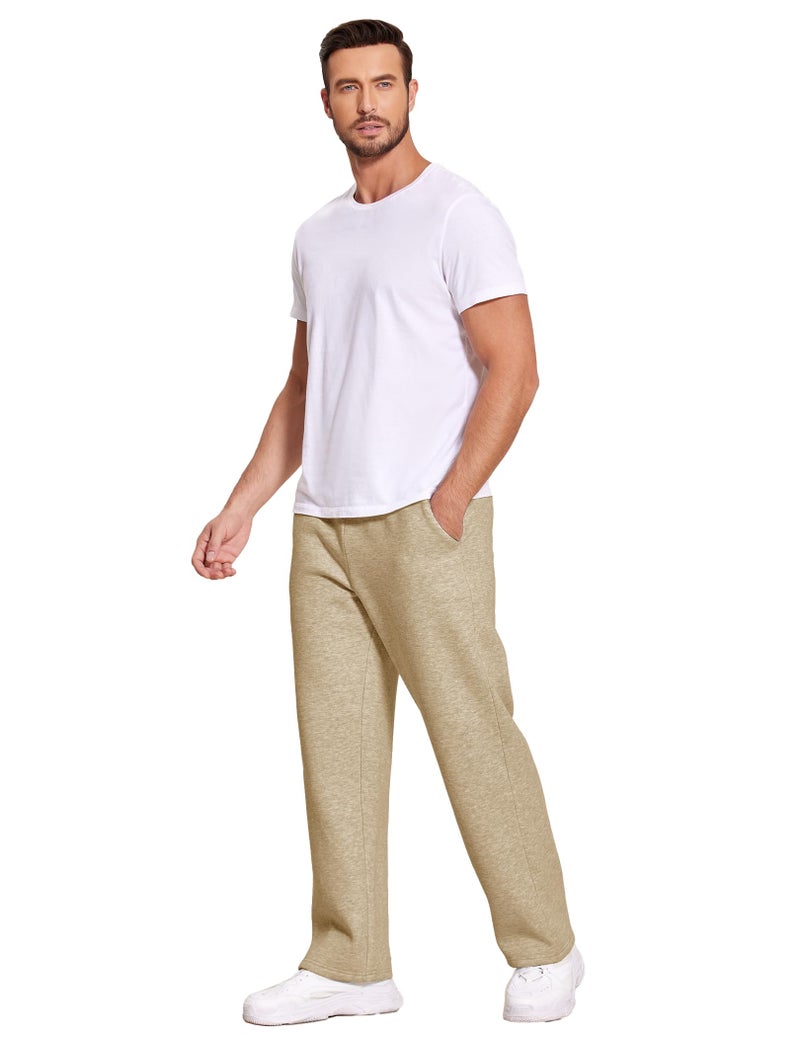 Deyeek Men's Fleece Sweatpants Open Bottom Gym Sweats Baggy Cotton Sweat Pants for Men Straight Leg Sweatpants with Pockets Khaki - Image 5