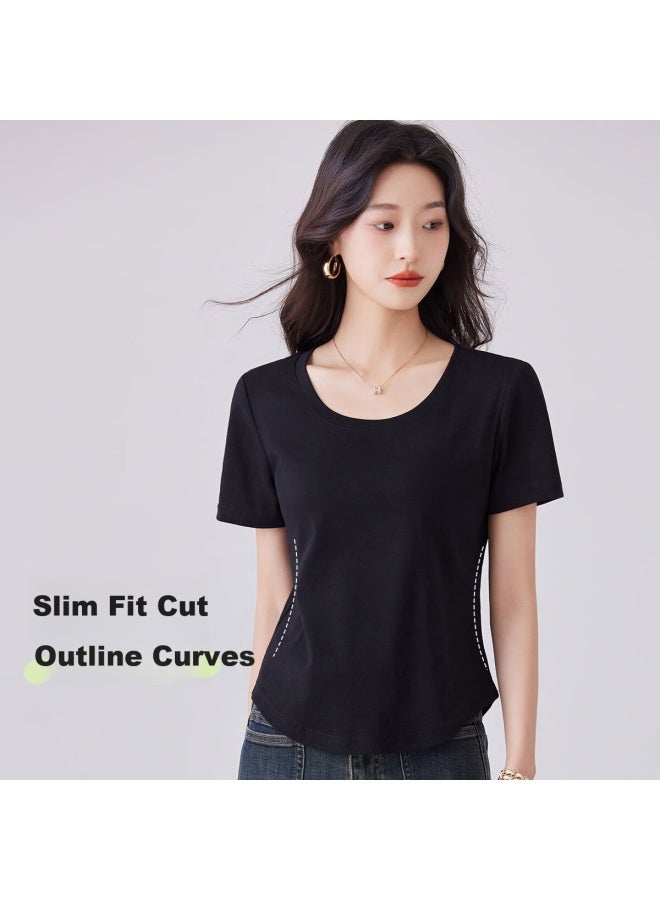 Don't speak Bieyu Round Neck Curved Hem Short-sleeve T-shirt For Women, Summer New Style Slim-fit Inner Layer Irregular Top Short Version, Black 2XL - Image 2