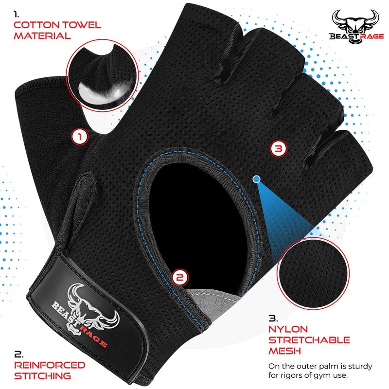 BEAST RAGE Workout Gloves for Men and Women, Fingerless Weight Lifting Gloves with Palm Protection Padding, Breathable and Lightweight Gym Glove for Weightlifting, Cycling Pull Up (Black, M) - Image 2