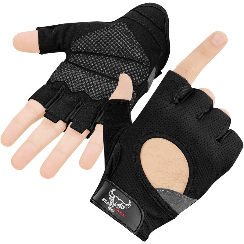 BEAST RAGE Workout Gloves for Men and Women, Fingerless Weight Lifting Gloves with Palm Protection Padding, Breathable and Lightweight Gym Glove for Weightlifting, Cycling Pull Up (Black, M) - Image 1