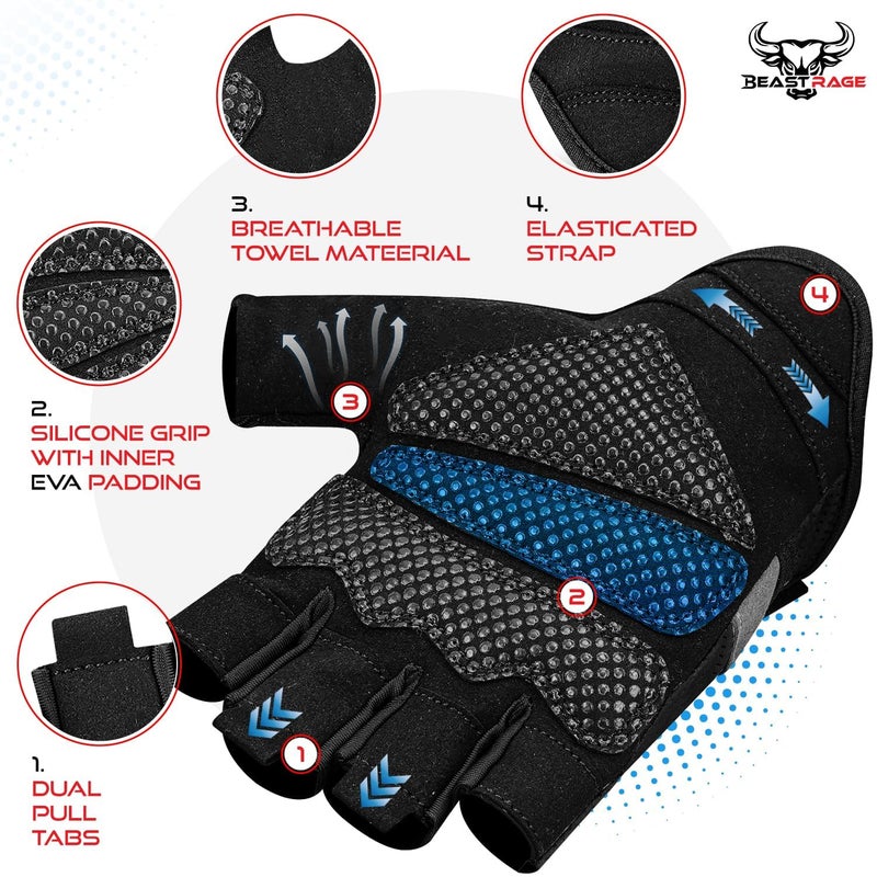 BEAST RAGE Workout Gloves for Men and Women, Fingerless Weight Lifting Gloves with Palm Protection Padding, Breathable and Lightweight Gym Glove for Weightlifting, Cycling Pull Up (Black, M) - Image 3