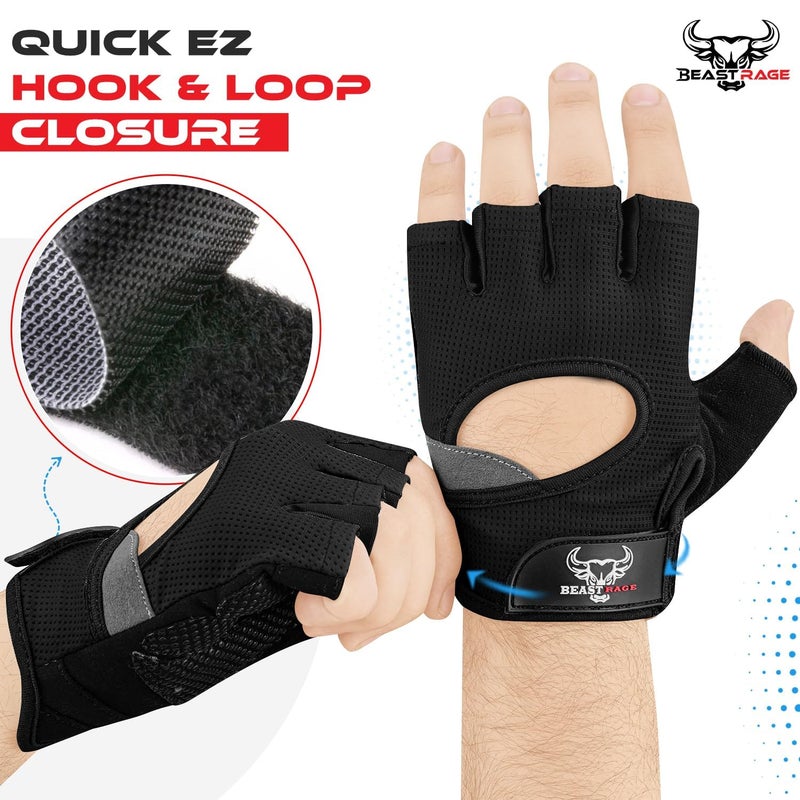 BEAST RAGE Workout Gloves for Men and Women, Fingerless Weight Lifting Gloves with Palm Protection Padding, Breathable and Lightweight Gym Glove for Weightlifting, Cycling Pull Up (Black, M) - Image 5