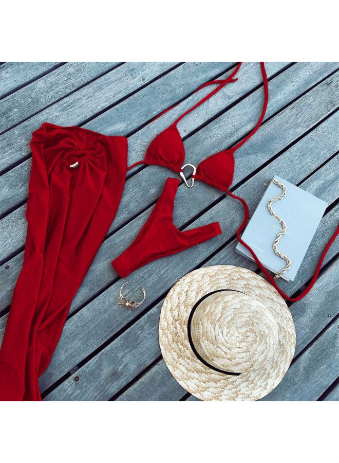 Generic BikiniStyle Drawstring Strap Bikini Three-piece Swimsuit Women's Split High-cut Triangle Swimsuit-Color:Red Bikini Three-piece Swimsuit-Size:L  - Image 1