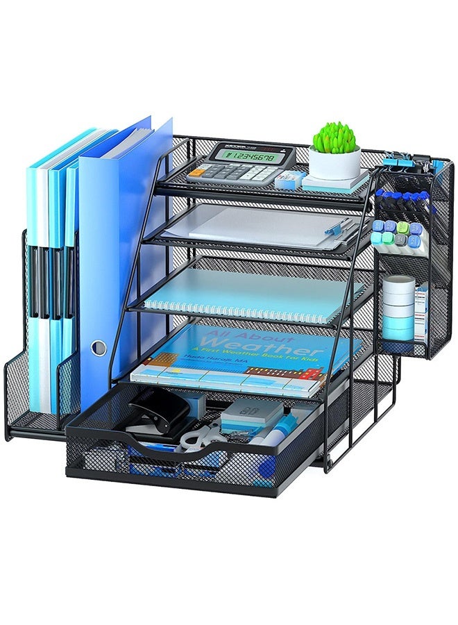 HOOPZOZA منظم مكتب معدني 5 طبقات من هووبزوزا لحامل أوراق الحروف مع حوامل ملفات وحامل أقلام معلق ودرج منزلق لوازم مكتبية متعددة الوظائف وإكسسوارات للمكتب والمدرسة والمنزل - Image 1