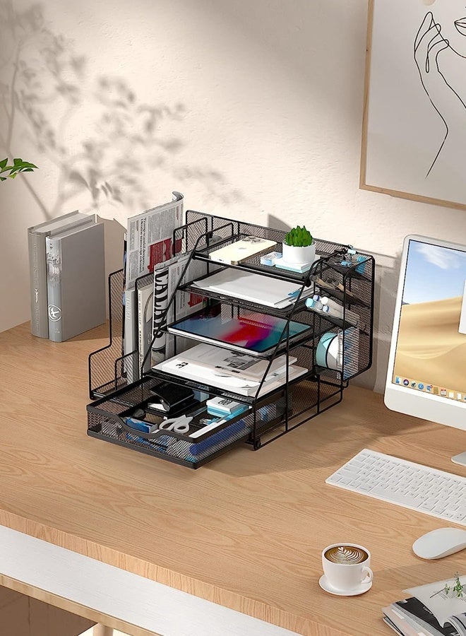 HOOPZOZA منظم مكتب معدني 5 طبقات من هووبزوزا لحامل أوراق الحروف مع حوامل ملفات وحامل أقلام معلق ودرج منزلق لوازم مكتبية متعددة الوظائف وإكسسوارات للمكتب والمدرسة والمنزل - Image 4