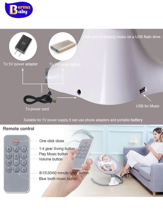 Berma Baby Baby Swing for Infants, Baby Rocker with 5 Speed, Infant Swing  5 Point Harness with Remote Control and 3 Hanging Toys, Gray  - Image 4