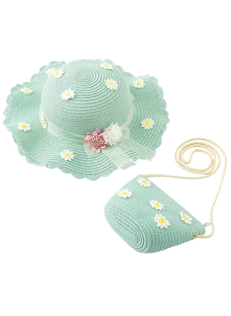 Kids Girls Large Wide Brim Straw Woven Sun Hat Summer Floppy Bucket Cap Beach Hat with Portable Handbag UV Protection for Outdoor Travel Party  - Image 1