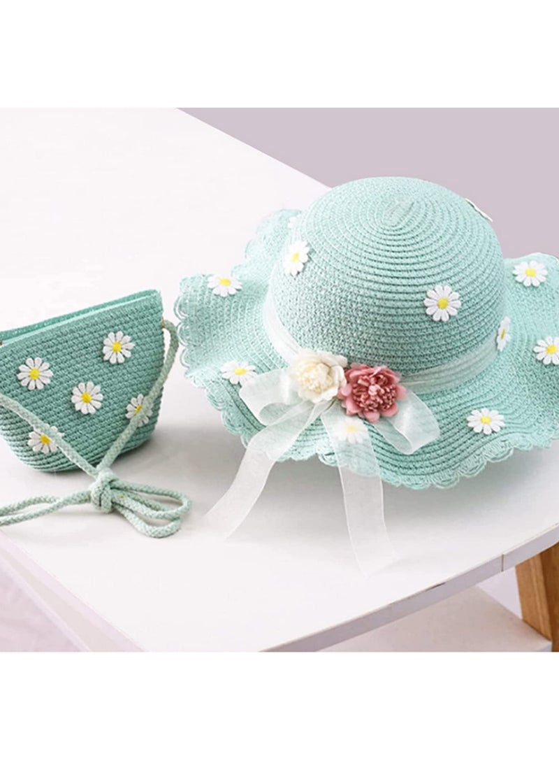 Kids Girls Large Wide Brim Straw Woven Sun Hat Summer Floppy Bucket Cap Beach Hat with Portable Handbag UV Protection for Outdoor Travel Party  - Image 5