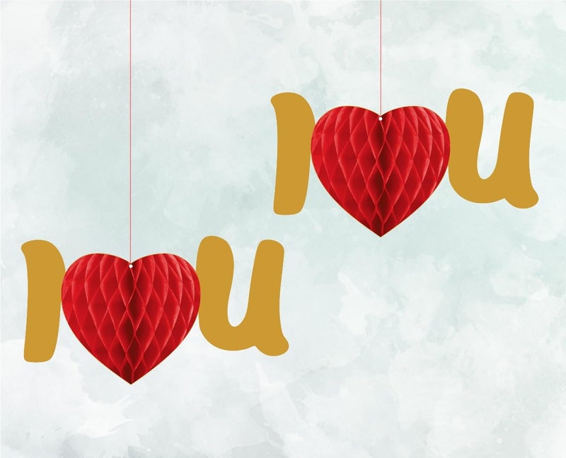 INCHEON PARTY INCHEON PARTY Pack of 2 Red Tissue Paper I Love You Heart Party Pom Poms Tissue Paper Decorations Honeycomb Balls for Wall Dcor Vibrant Elegant Hanging Decorations for All Types of Celebrations and Special Events  - Image 1