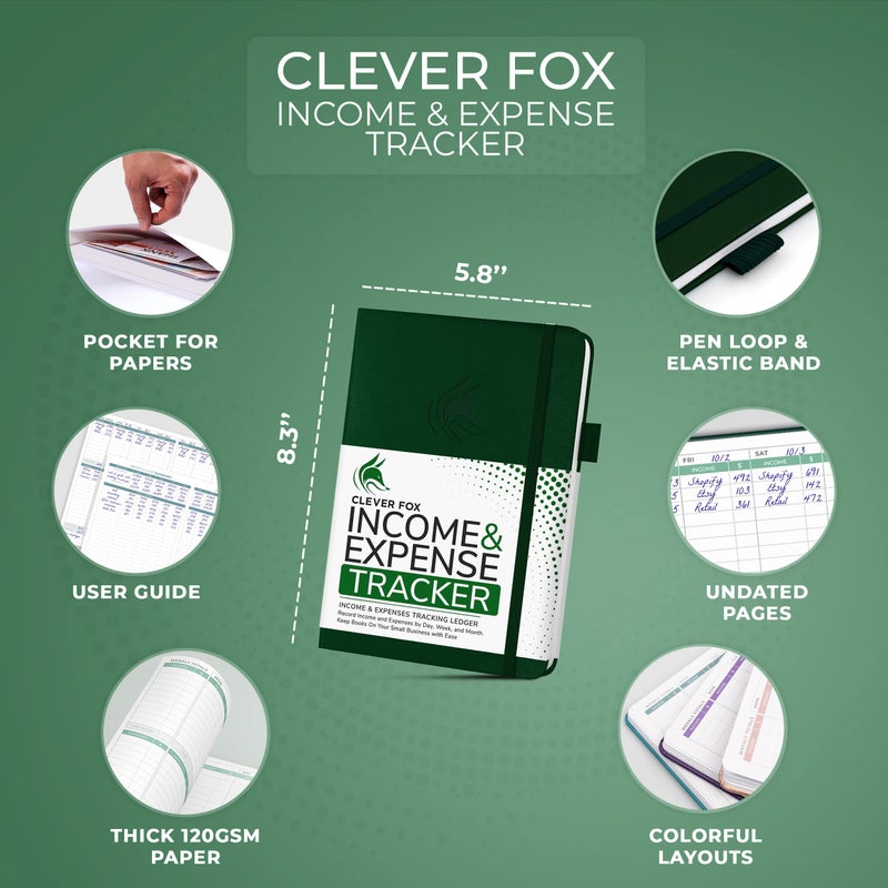 Clever Fox Income & Expense Tracker â€“ Accounting & Bookkeeping Ledger Book for Small Business â€“ 1-Year Record Notebook, A5 (Dark Green) - Image 2