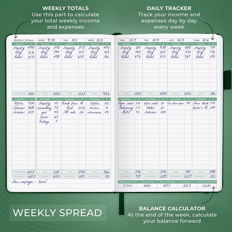 Clever Fox Income & Expense Tracker â€“ Accounting & Bookkeeping Ledger Book for Small Business â€“ 1-Year Record Notebook, A5 (Dark Green) - Image 4