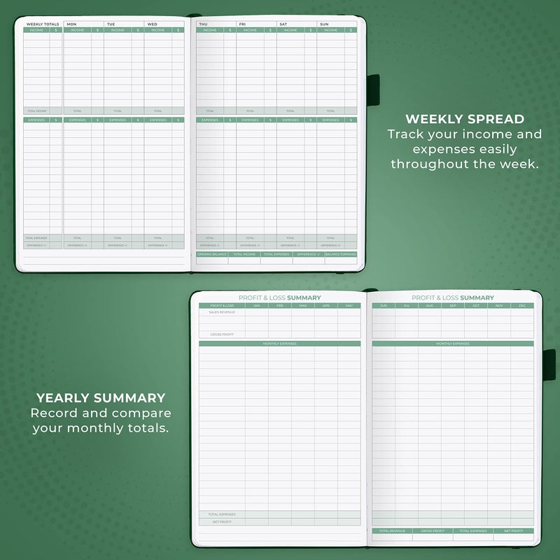 Clever Fox Income & Expense Tracker â€“ Accounting & Bookkeeping Ledger Book for Small Business â€“ 1-Year Record Notebook, A5 (Dark Green) - Image 3