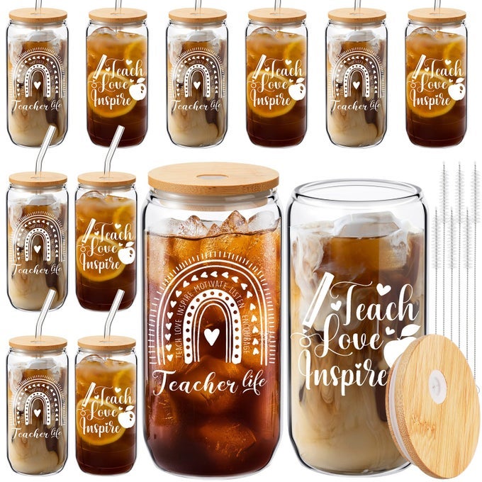 12 PCS TEACHER APPRECIATION GIFTS FOR WOMEN MASON JAR GLASS CUP 16 OZ COFFEE DRINKING JARS WITH LIDS AND STRAWS CLEANING BRUSH DRINKING GIFT FOR BIRTHDAY GRADUATION WOMEN MEN TEACHER INSPIRE
