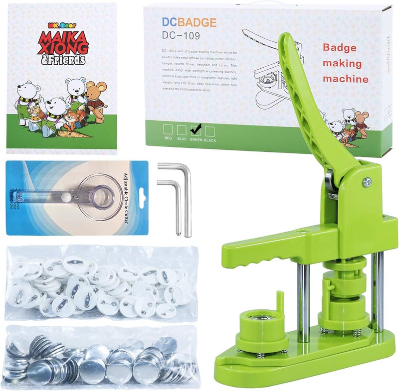 MK.Bear Button Maker Machine 25mm (1 in) DIY Gift, Installation-Free Pin Maker Machine, Pin Badge Button Press Machine with Free 500pcs Button Parts&100pcs Pictures&Circle Cutter&Magic Book(Green) - Image 1