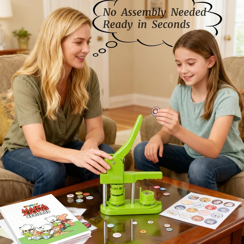 MK.Bear Button Maker Machine 25mm (1 in) DIY Gift, Installation-Free Pin Maker Machine, Pin Badge Button Press Machine with Free 500pcs Button Parts&100pcs Pictures&Circle Cutter&Magic Book(Green) - Image 2