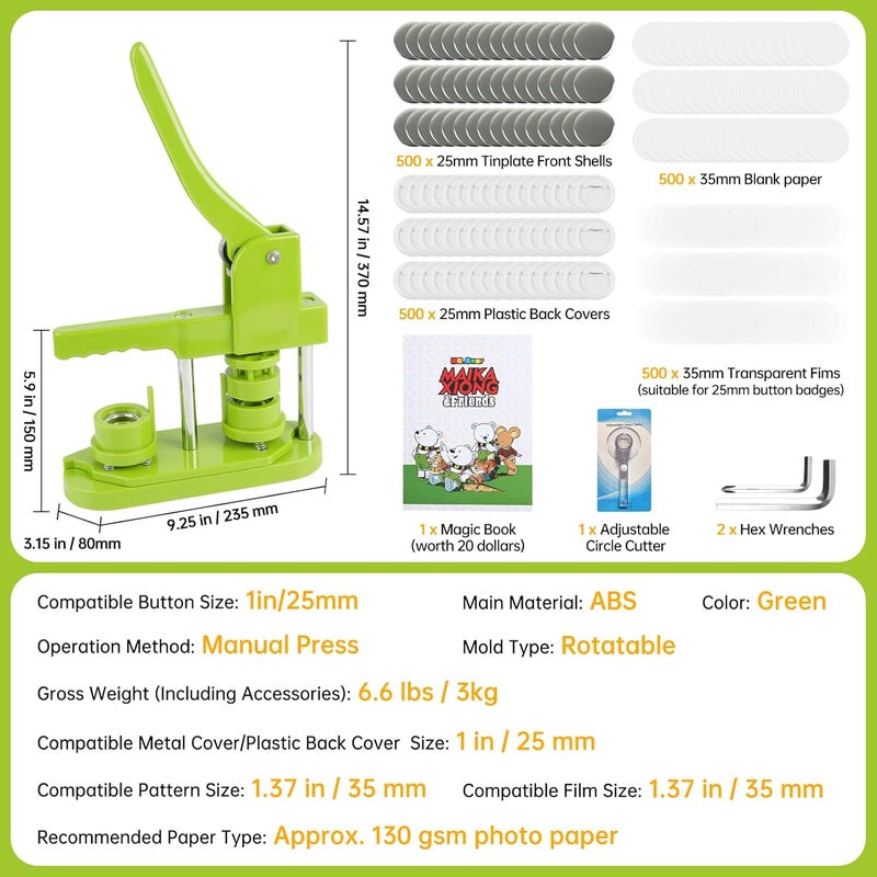 MK.Bear Button Maker Machine 25mm (1 in) DIY Gift, Installation-Free Pin Maker Machine, Pin Badge Button Press Machine with Free 500pcs Button Parts&100pcs Pictures&Circle Cutter&Magic Book(Green) - Image 3