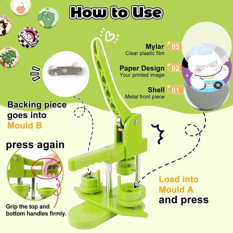 MK.Bear Button Maker Machine 25mm (1 in) DIY Gift, Installation-Free Pin Maker Machine, Pin Badge Button Press Machine with Free 500pcs Button Parts&100pcs Pictures&Circle Cutter&Magic Book(Green) - Image 4