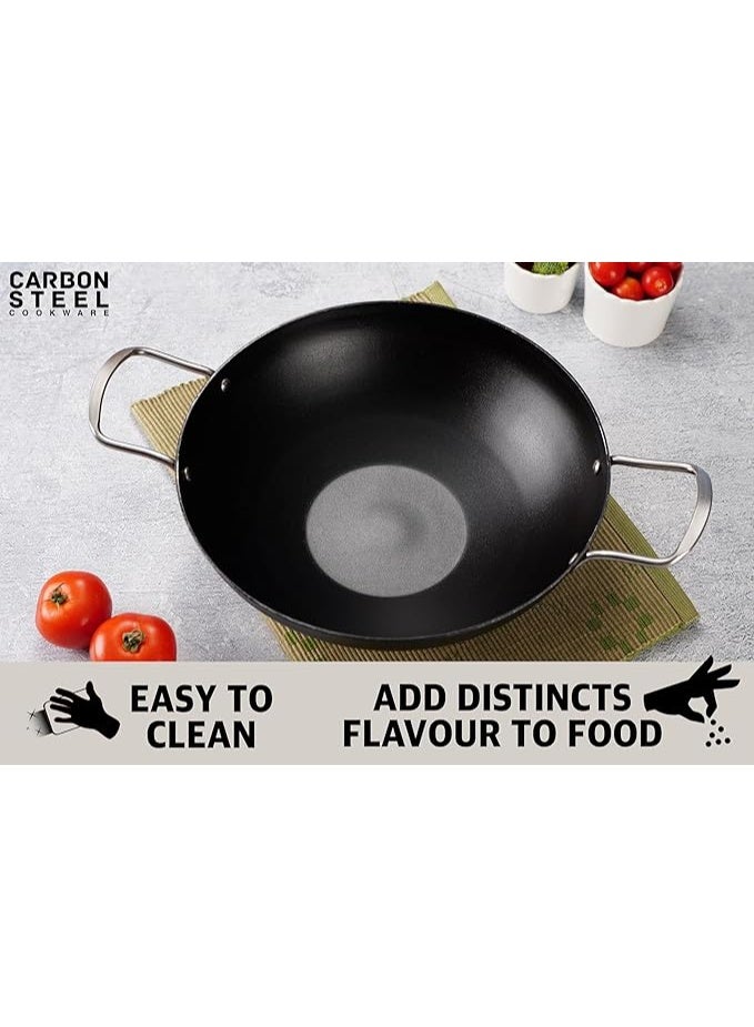 Sumeet Super Smooth Pre Seasoned Carbon Steel (Iron) Deep Kadai for Cooking and Deep Frying|Naturally Nonstick |25cm | 2450ml, Gas & Induction-Friendly, Black - Image 3