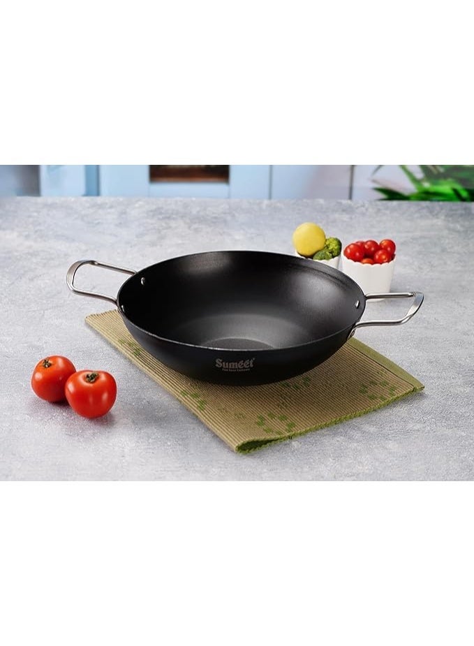 Sumeet Super Smooth Pre Seasoned Carbon Steel (Iron) Deep Kadai for Cooking and Deep Frying|Naturally Nonstick |25cm | 2450ml, Gas & Induction-Friendly, Black - Image 1