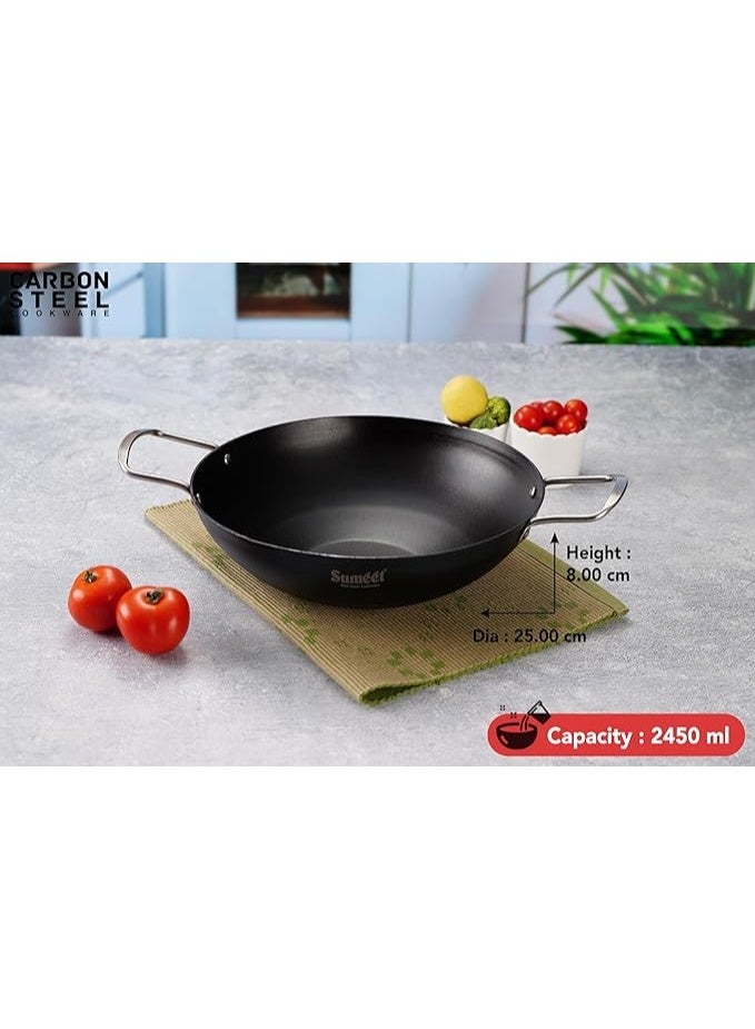 Sumeet Super Smooth Pre Seasoned Carbon Steel (Iron) Deep Kadai for Cooking and Deep Frying|Naturally Nonstick |25cm | 2450ml, Gas & Induction-Friendly, Black - Image 2