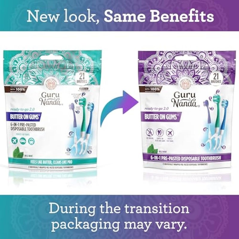 GuruNanda 6-in-1 Disposable Toothbrush, Ready to Use Pre-Glued Butter on Gum, Softex Brushes, Flossing and Toothpicks, Tongue and Cheek Cleaner, Wrapped - Image 2