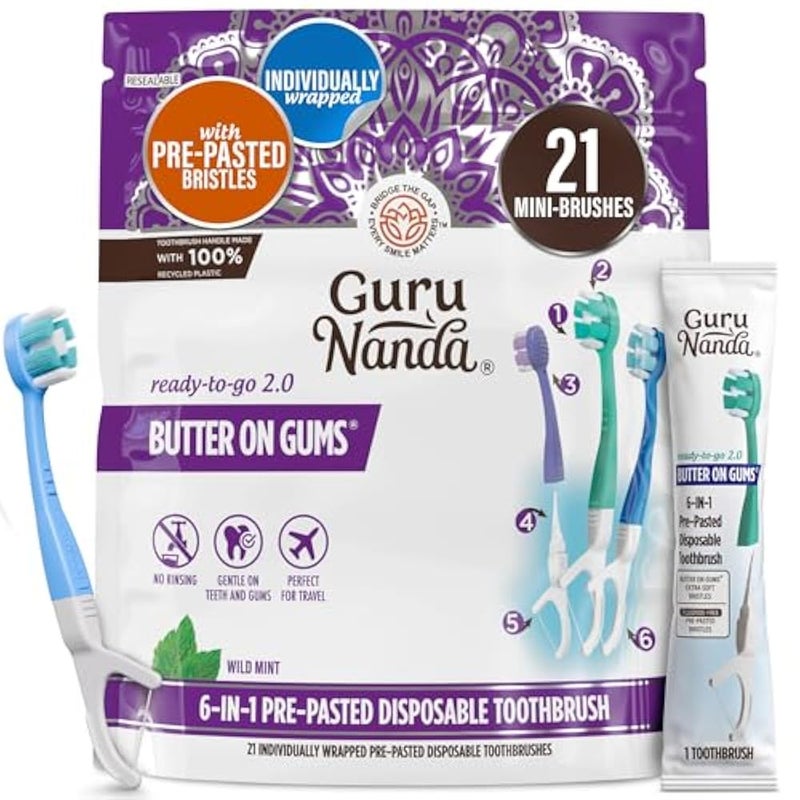 GuruNanda 6-in-1 Disposable Toothbrush, Ready to Use Pre-Glued Butter on Gum, Softex Brushes, Flossing and Toothpicks, Tongue and Cheek Cleaner, Wrapped - Image 1