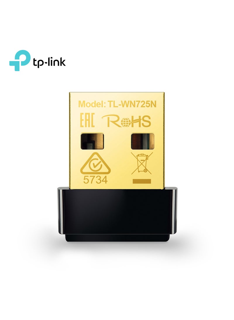 تي بي لينك محول TL-WN725N N150 لاسلكي بوصلة USB لشبكات الواي فاي بحجم نانو لأجهزة الكمبيوتر واللابتوب يتوافق مع أنظمة ويندوز 10/8.1/8/7/XP وMac OS X ولينوكس أسود/ذهبي - Image 1