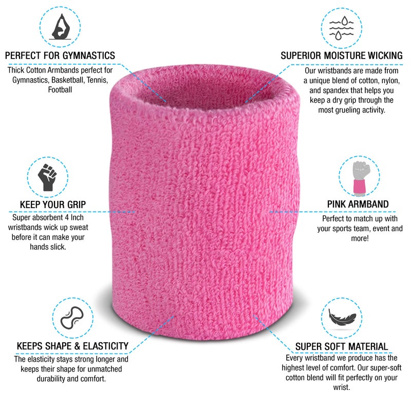Suddora Arm Sweatbands, Absorbent and Breathable Thick Cotton Bands for Working Out, Gymnastics, Basketball, Tennis, and Football, Multiuse 4-inch Wristbands for Costumes and Cosplay, Pink - Image 2