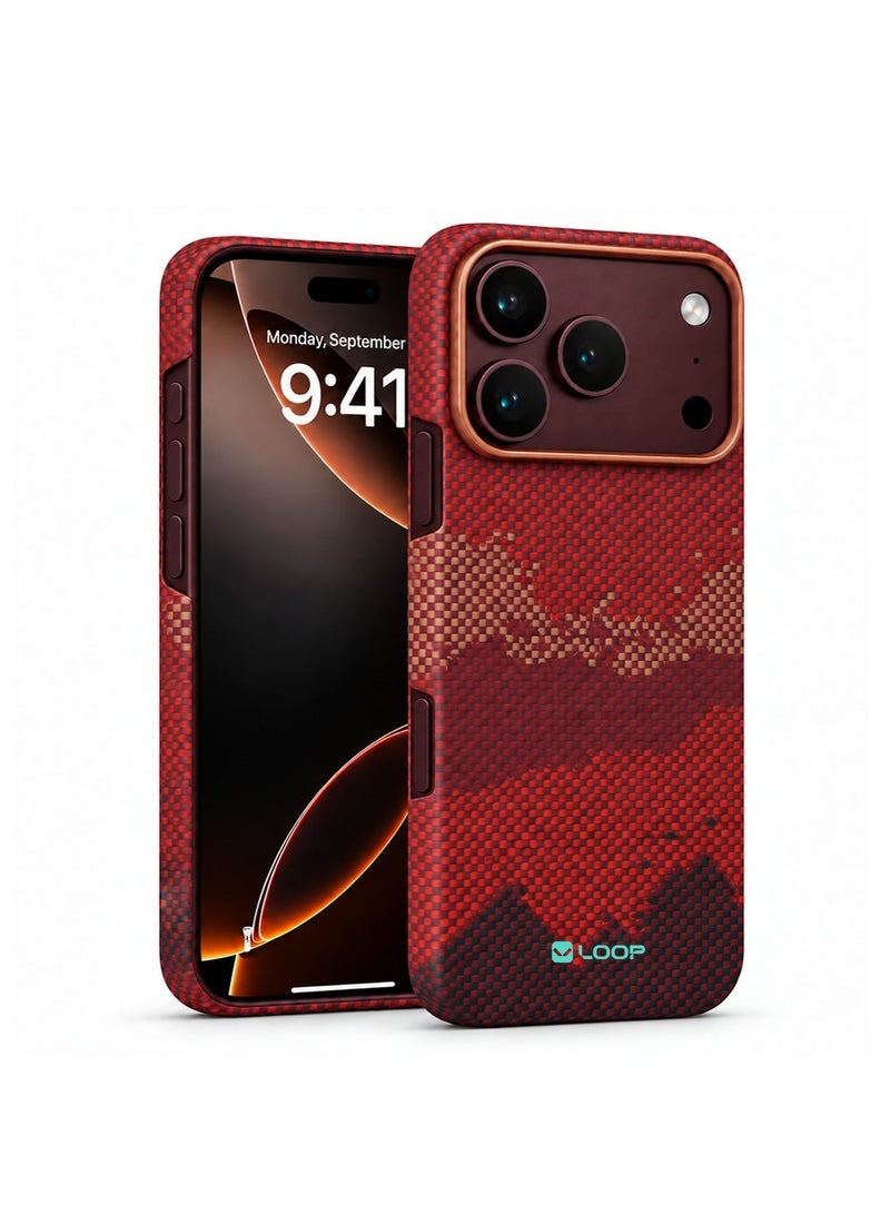 لووب جراب هاتف LOOP من الكيفلار لهاتف iPhone 18 Pro Max، غطاء فائق النحافة من ألياف الأراميد، سطح متين ذو ملمس مميز، قبضة مانعة للانزلاق، حماية مرتفعة للكاميرا، لون عنابي - Image 1