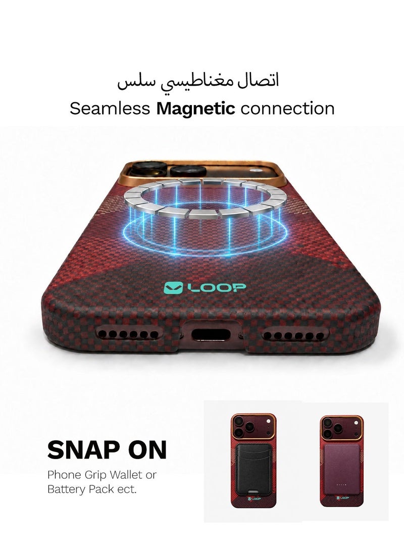 لووب جراب هاتف LOOP من الكيفلار لهاتف iPhone 18 Pro Max، غطاء فائق النحافة من ألياف الأراميد، سطح متين ذو ملمس مميز، قبضة مانعة للانزلاق، حماية مرتفعة للكاميرا، لون عنابي - Image 2