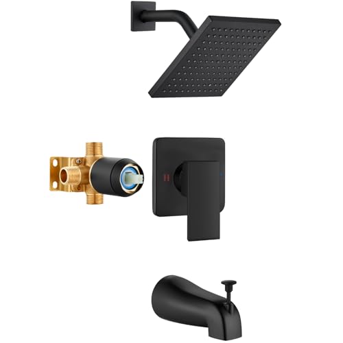 Heyalan Shower Faucet Set with Tub Spout Bathtub and Shower Trim Kit with Valve Single Handle Bathroom Shower Faucet Set 8 Inch Square Rainfall Shower Head Matte Black - Image 1