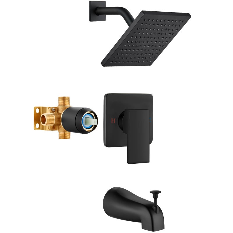 Heyalan Shower Faucet Set with Tub Spout Bathtub and Shower Trim Kit with Valve Single Handle Bathroom Shower Faucet Set 8 Inch Square Rainfall Shower Head Matte Black - Image 2