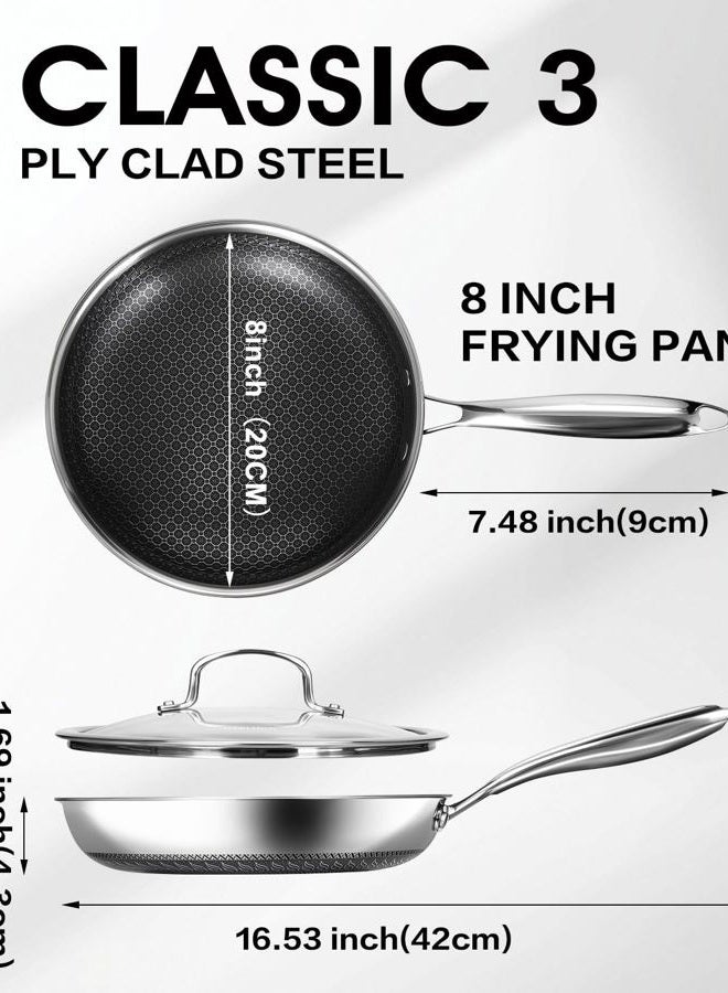 USELUCK Nonstick Frying Pans with Lid,Stainless Steel Skillet with Honeycomb Surface,Dishwasher-Friendly,Oven-Safe,PFAS-FREE,Non-Toxic,Compatible with All Cooktops.(8 IN&LID) - Image 3