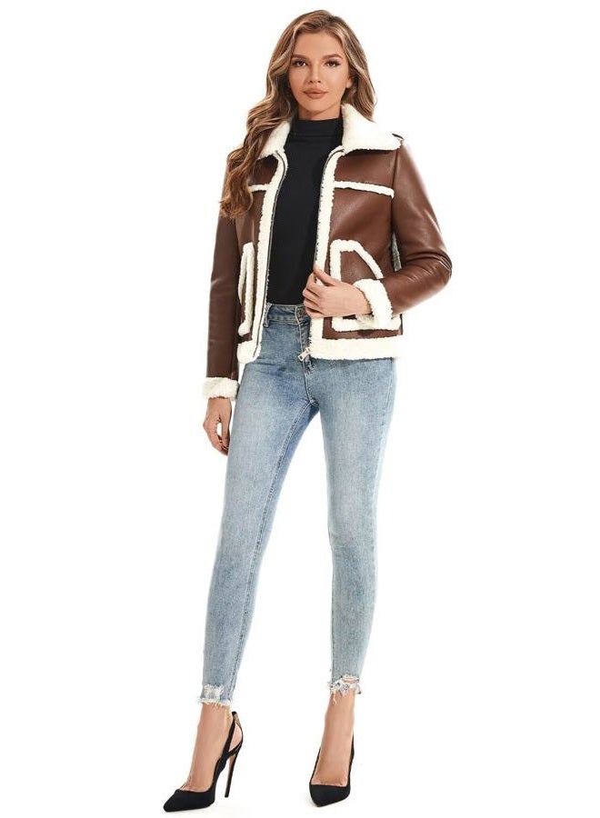 WYOYW Women's Faux Shearing Moto Jacket Thick Fur Lined Coat Sherpa Leather Jacket Brown M - Image 5