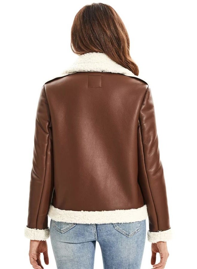 WYOYW Women's Faux Shearing Moto Jacket Thick Fur Lined Coat Sherpa Leather Jacket Brown M - Image 4