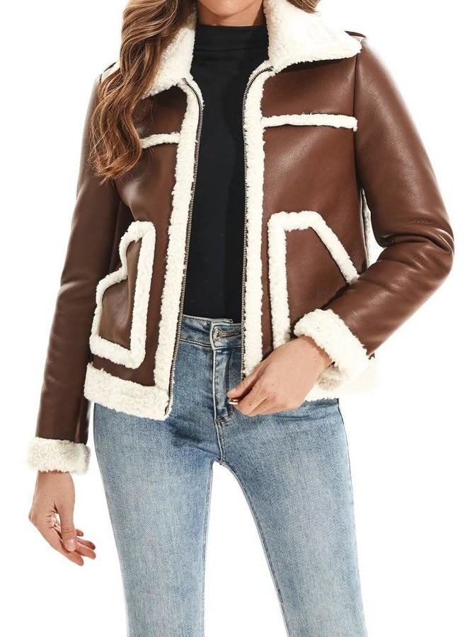 WYOYW Women's Faux Shearing Moto Jacket Thick Fur Lined Coat Sherpa Leather Jacket Brown M - Image 1