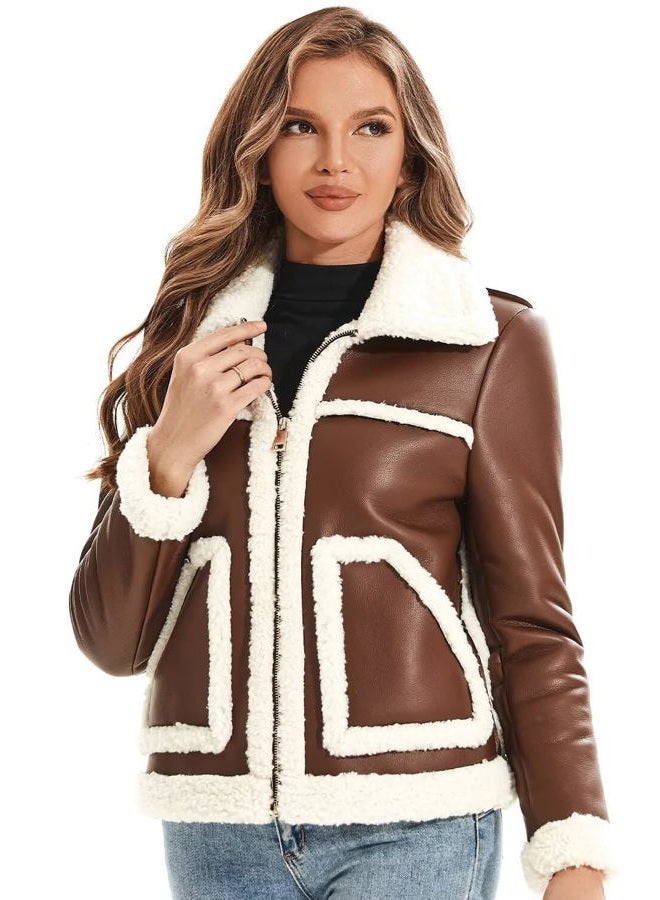 WYOYW Women's Faux Shearing Moto Jacket Thick Fur Lined Coat Sherpa Leather Jacket Brown M - Image 2