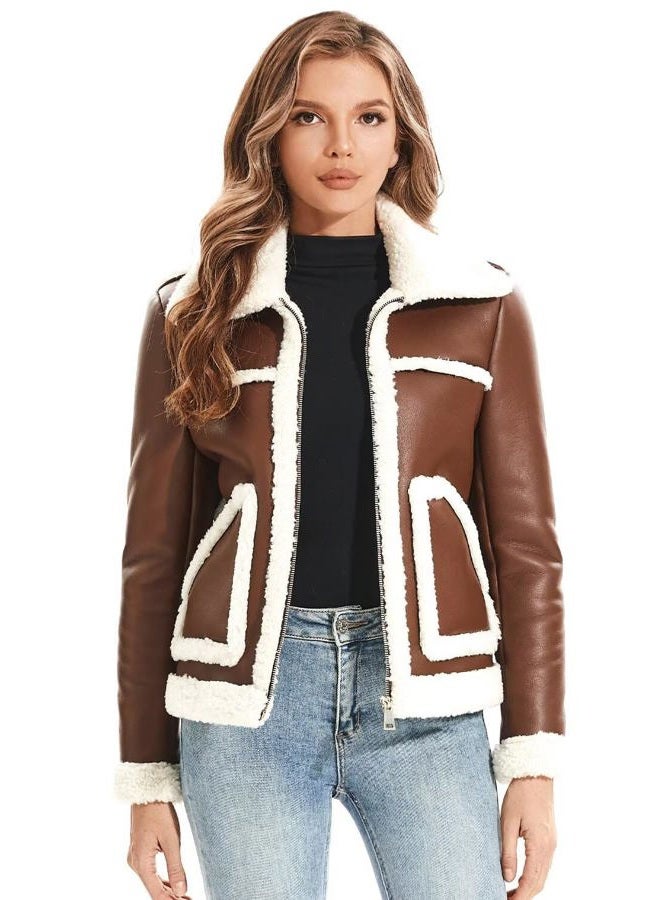 WYOYW Women's Faux Shearing Moto Jacket Thick Fur Lined Coat Sherpa Leather Jacket Brown M - Image 3