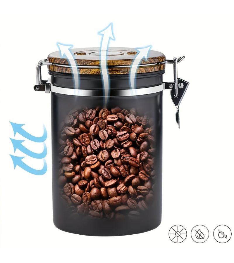 A 1500ml 304 Stainless Steel Coffee Storage Canister With Date Tracker And Wooden Lid For Ground Coffee Beans Tea And Sugar - Image 2