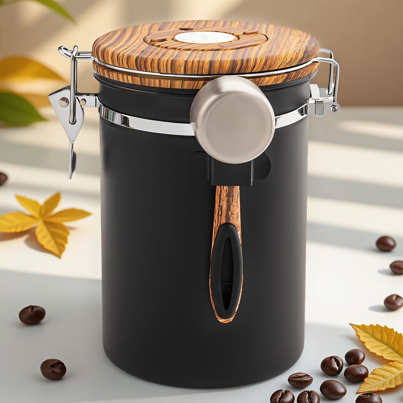 A 1500ml 304 Stainless Steel Coffee Storage Canister With Date Tracker And Wooden Lid For Ground Coffee Beans Tea And Sugar - Image 1