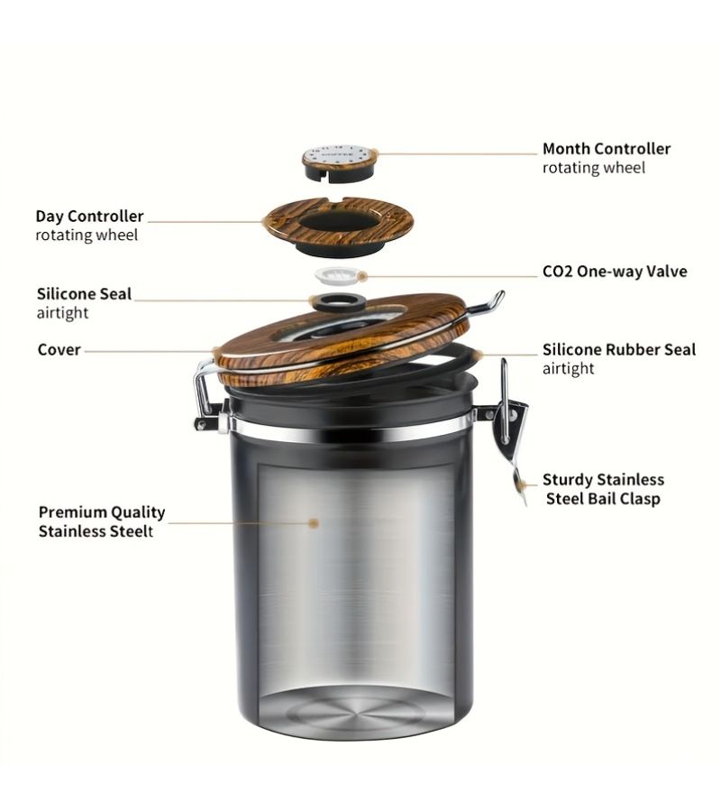 A 1500ml 304 Stainless Steel Coffee Storage Canister With Date Tracker And Wooden Lid For Ground Coffee Beans Tea And Sugar - Image 5
