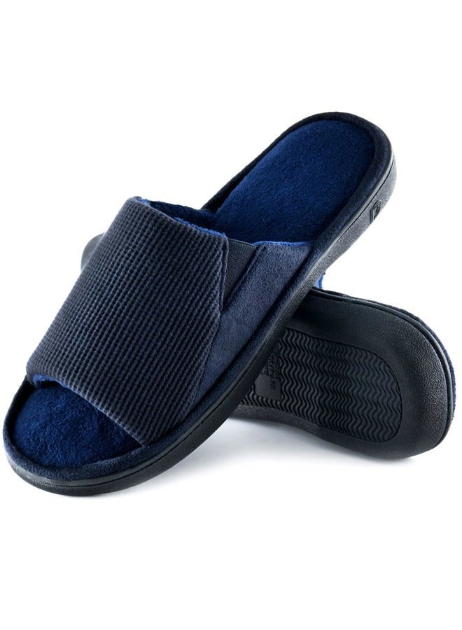 Honalika Cozy Men's Open Toe House Slippers Memory Foam,Comfy Slip On Indoor Slippers for Men Breathable, Non-Slip Soft Bedroom Home Slippers Lightweight, Navy, 7-8 - Image 1