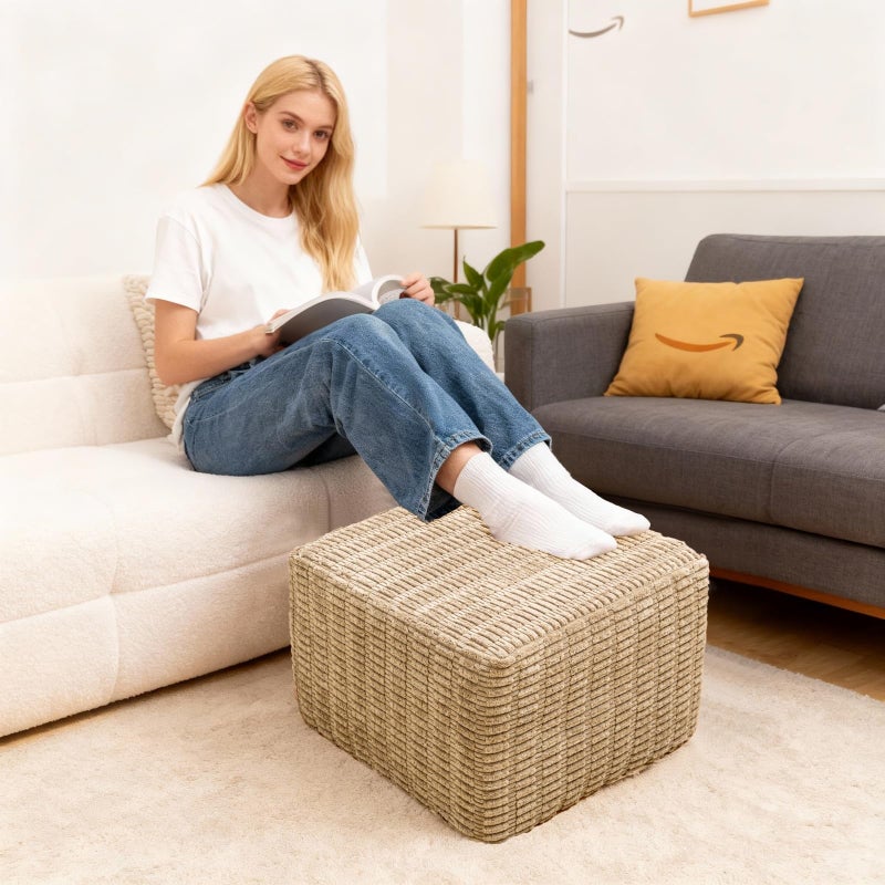 Asuprui Round Square Pouf Ottoman Foot Rest â€“ Lightweight Modern Footstool with Plush Foam Filling, Perfect for Living Room Decor & Cozy Comfort â€“ 20x20x14 Inch Chic Accent Piece (Light Coffee) - Image 5